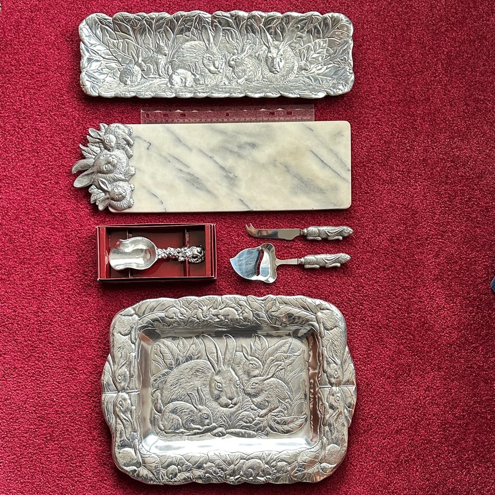 Arthur Court Bunny Clutch & Oblong Trays, Marble Cheese Board, Knife & Plane